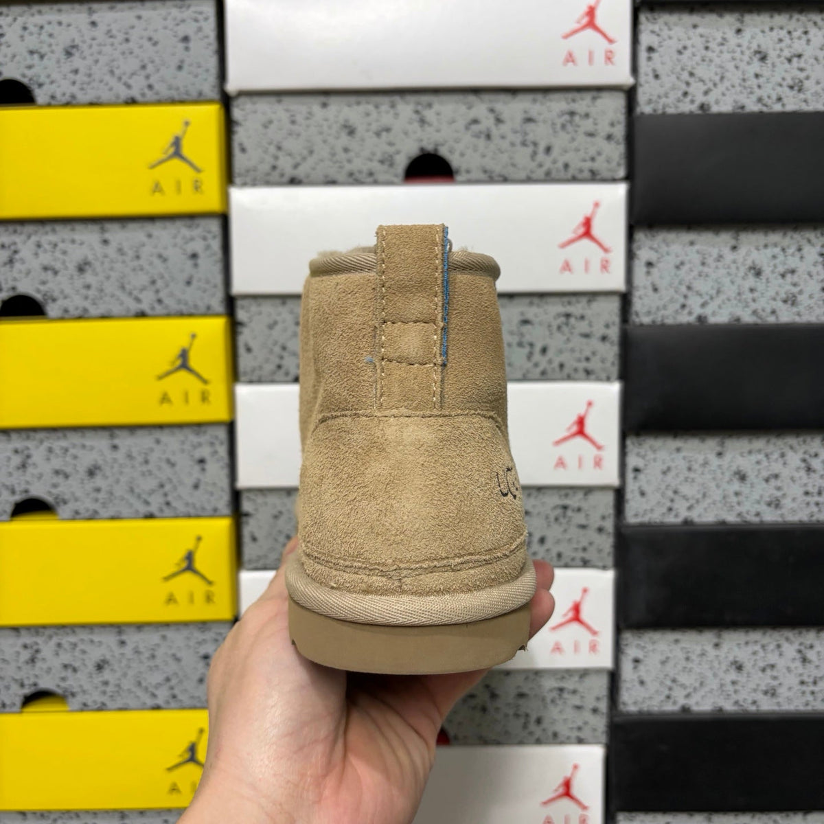 UGG Lace-Up Suede Ankle Boot with Gold Eyelet Hardware, Blue Pull Tab & Chunky Lug Sole in Sand