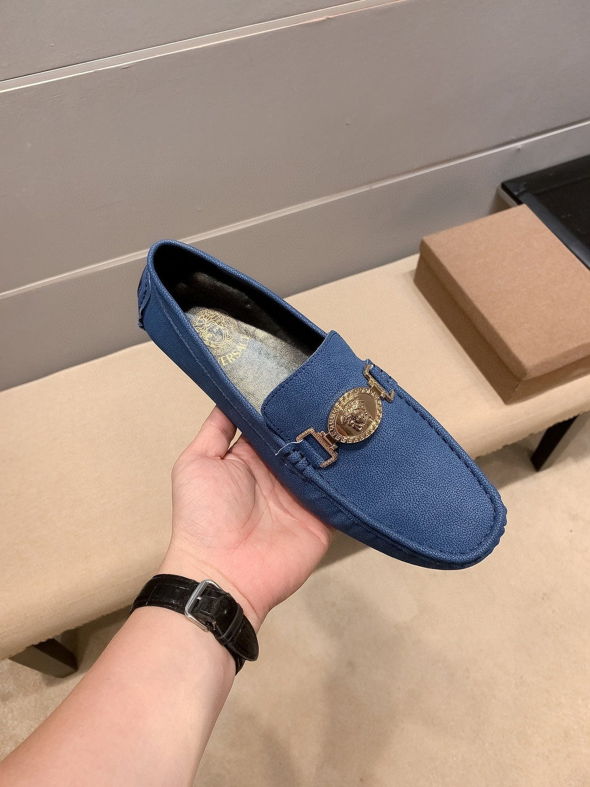 Versace Blue Gold-Hardware Loafers